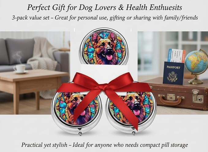 German Shepherd Dog Art Small Box for Pill,3 Compartment Pill Case Travel Medicine,Portable Pocket or Purse Pill Organizer Container Holder Hold Vitamins, Medication, Fish Oil Supplements