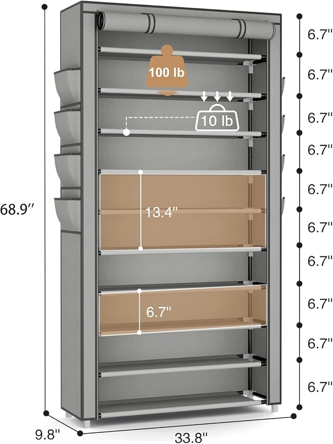 VTRIN Tall Shoe Rack with Cover, 10 Tier Shoe Organizer Storage for 50-55 Pairs Shoes and Boots Large Capacity Shoe Shelf with 8 Pockets Free Standing Shoe Rack for Closet, Entryway, Garage, Grey