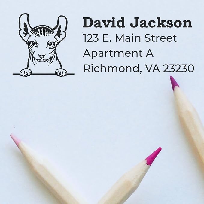 Dwelf Cat Custom Return Address Stamp for Name Tags & Labels | Personalized Handcrafted Wooden Handle Self-Inking Rubber Stamp | Unique Feline Design Mail Stamper for Letters & Packages, 7/8 x 2-1/4