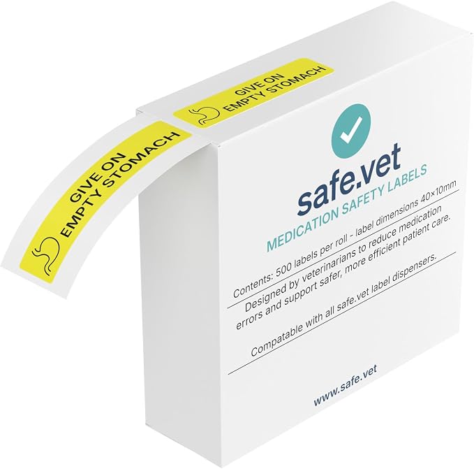 Dispensed Medication Veterinary Pharmacy Labels | Roll of 500 | Clinical-Grade Color-Coded Stickers for Medication Bottles (Give On Empty Stomach)