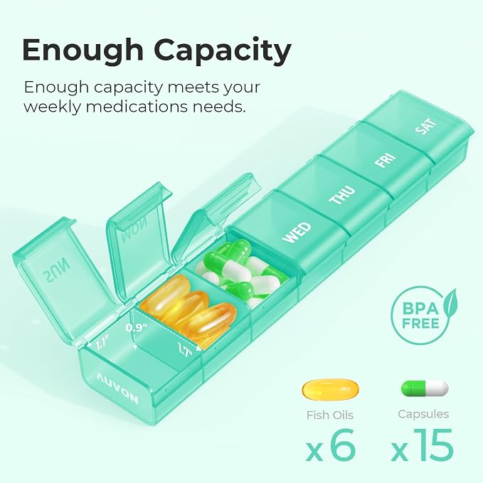 AUVON Weekly Pill Organizer with Effortless Opening Design, BPA-Free | Arthritis Friendly Pill Box, Cute Pill Organizer 7 Day, Portable Pill Case for Vitamins, Supplements and Medications, Cyan