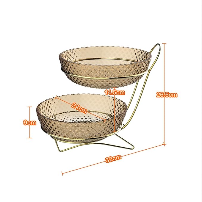2 Tier Metal Fruit Basket Stand with Clear PET Bowl Trays, Ready to Use Countertop Vegetable Bread Storage Display Organizer Holder for Kitchen