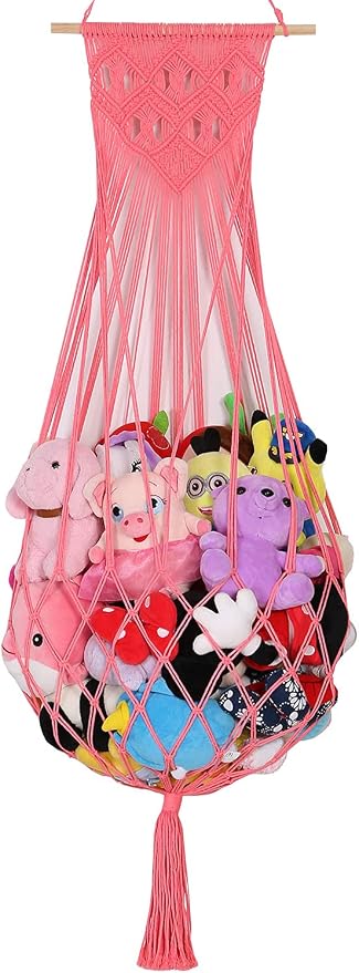 Stuffed Animal Hammock Wall Hanging Net for Stuffed Animal Net Stuffed Animal Storage Plush Toy Holder Toy Organizer for Boho Kidroom Playroom Nursery Decor (Pink)