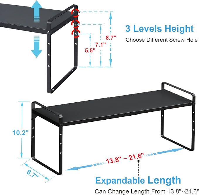 Set of 2 Expandable Cabinet Shelf Organizer, Stackable Kitchen Countertop Shelves Spice Racks, Small Metal Storage Shelf For Cupboard Counter Tabletop, 30 LBS Heavy Duty, Adjustable, 13.8" to 21.6"