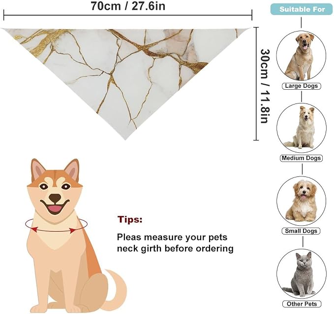 Lightweight Pet Scarf for Small to Large Dogs and Cats, Adjustable Scarves for Costume Accessories, Casual Daily Use (Gold Marble Texture White)