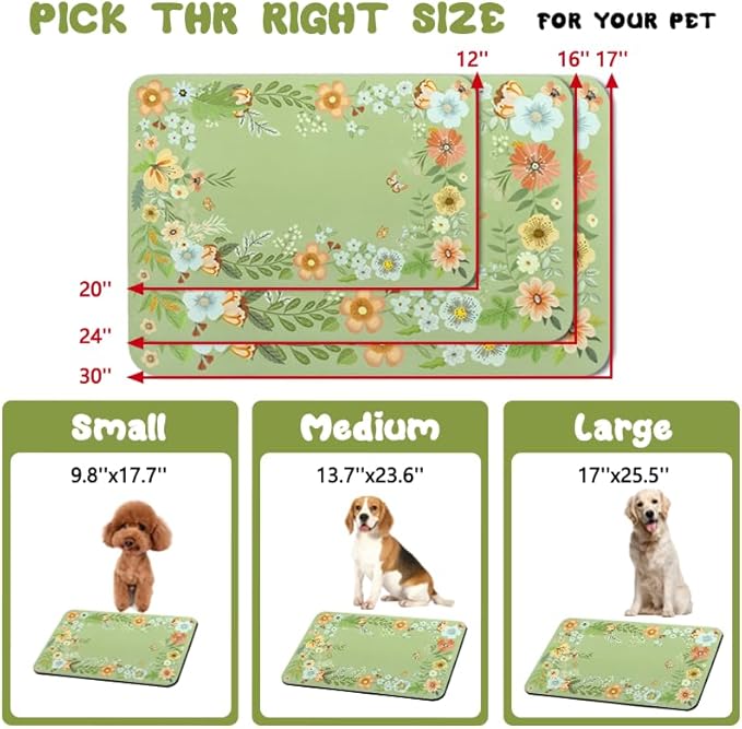Dog Food Mats for Floors Waterproof, Pet Water Bowl Mats Pet Feeding Absorbent Placemats Flower 12 * 20 inch