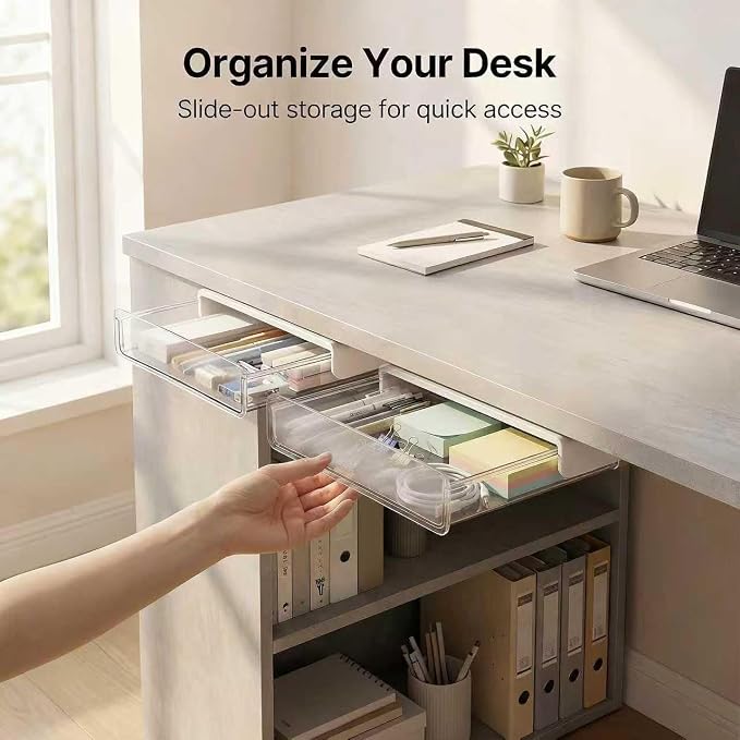 OSPNIEEK Self-adhesive Under Desk Drawer Organizer, 2 Pack Table Hidden Slide Out Large Storage Mounted Desktop Pencil Holder Tray Drawers for Office Home School Stationery Kitchen (Large, White)