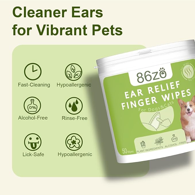 Dog Ear Finger Wipes for Dogs & Cats, Thicker Dog Ear Cat Ear Cleaner Wipes, Dog Ear Infection Relief to Relieve Ear Itching, Remove Ear Wax, Dirt, Smelly - Fresh Green Tea Scent