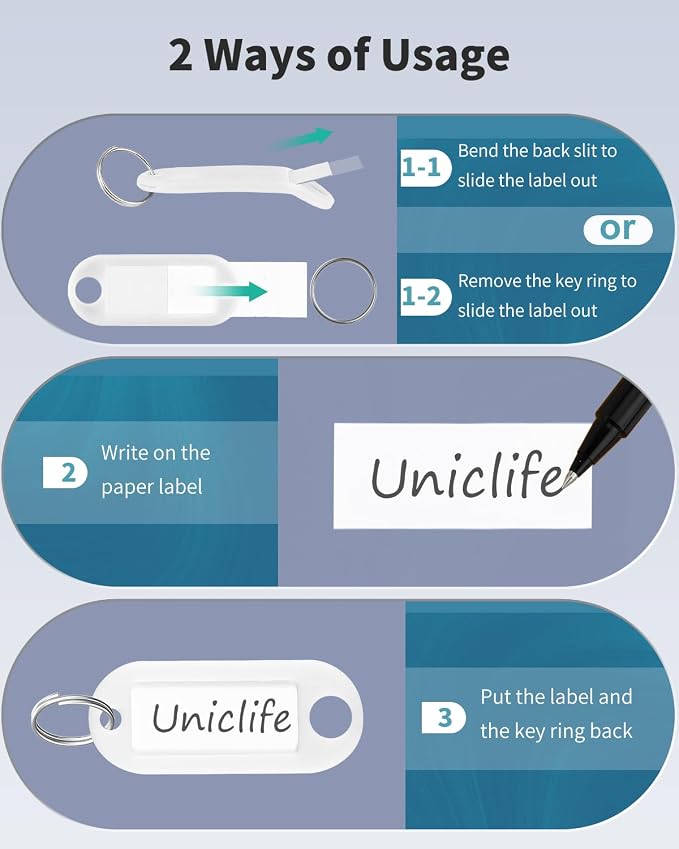 Uniclife 40 Pack Key Tags 2 Inch Plastic Key Chain Tags with Label, White | Writable key tags with clear windows, blank paper labels, protective films and split rings for easy item identification