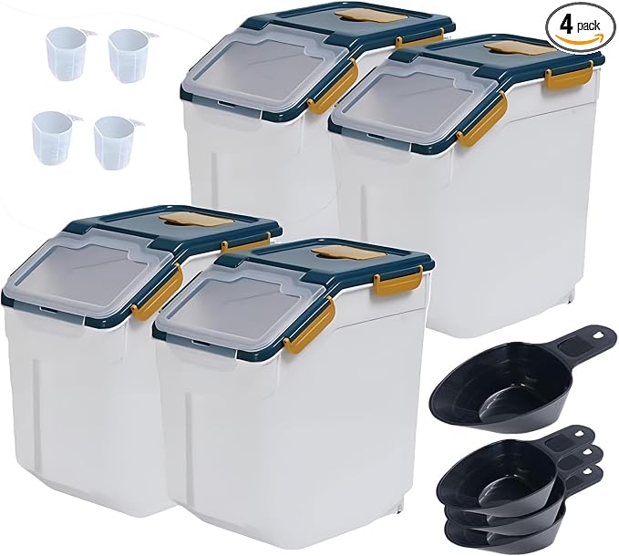 Large Flour Storage Container Bin 25lb,4 Pack Airtight Rice Storage Containers with Wheels Seal Locking Lid BPA Free with Measuring Cup,Scoop for Flour, Rice, Grain, Dry Food - Dark Blue