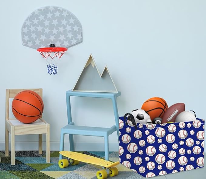 Rectangular Baseball Toy Storage Bin Organizer Box - Kids Gift Basket (Blue Baseball)