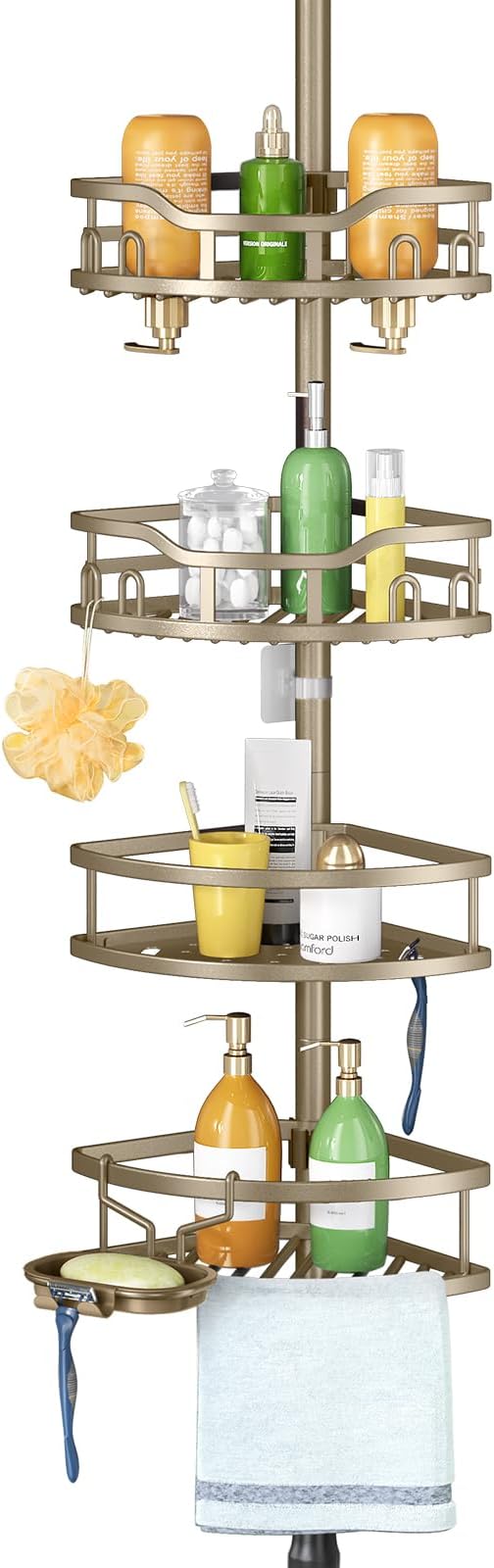 HAMITOR Shower Caddy Corner Tension Pole Adjustable No-Drill Bathroom Shelf | Rustproof Storage 4-Tier Shelves, 47-121 In Rod, With Hooks Towel Bar, Large Capacity Rv Dorm Needs, Home Decor, Tan Khaki