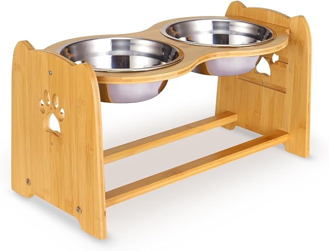 X-ZONE PET Elevated Dog Bowls for Cats and Dogs, Adjustable Bamboo Raised Dog Bowls for Large Dog, Food and Water Stand Feeder with 2 Stainless Steel Bowls Anti Slip Feet (Height 5.1" to 7.5" to 10")…