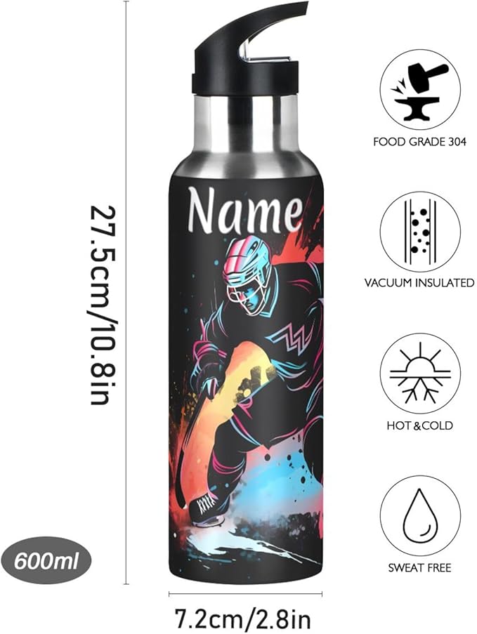 Custom Name Hockey Player Water Bottle with Straw Lid Kids Insulated Stainless Steel Water Flask Sports, 20 Oz Hot Cold