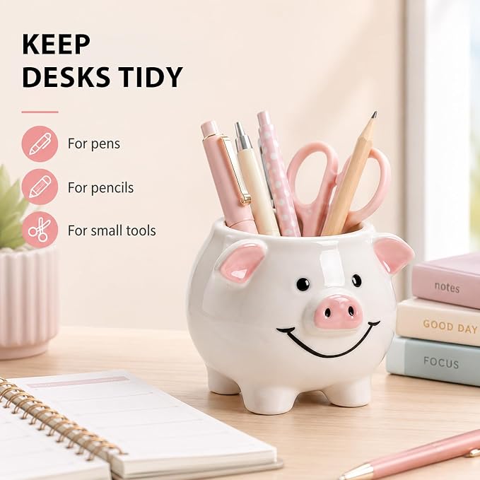 Ceramic Pig Shaped Pen Pencil Holder for Desk Decoration Accessories Pig Decor Makeup Brush Pen Cups Succulent Plant Pot Office School Ideal Gifts for Women, Mom or Birthdays