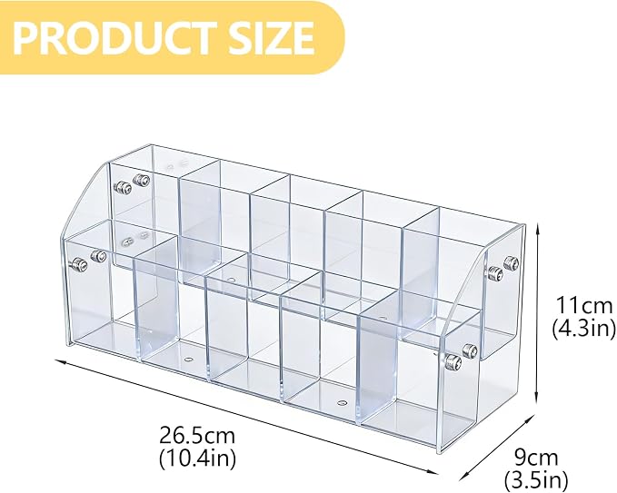 Cat Treat Holder Organizer, 2 Tier 10 Compartment Clear Acrylic Storage Rack for Lickable Wet Treats, Countertop Display Stand for Pet Tubes and Squeeze Up Pouches