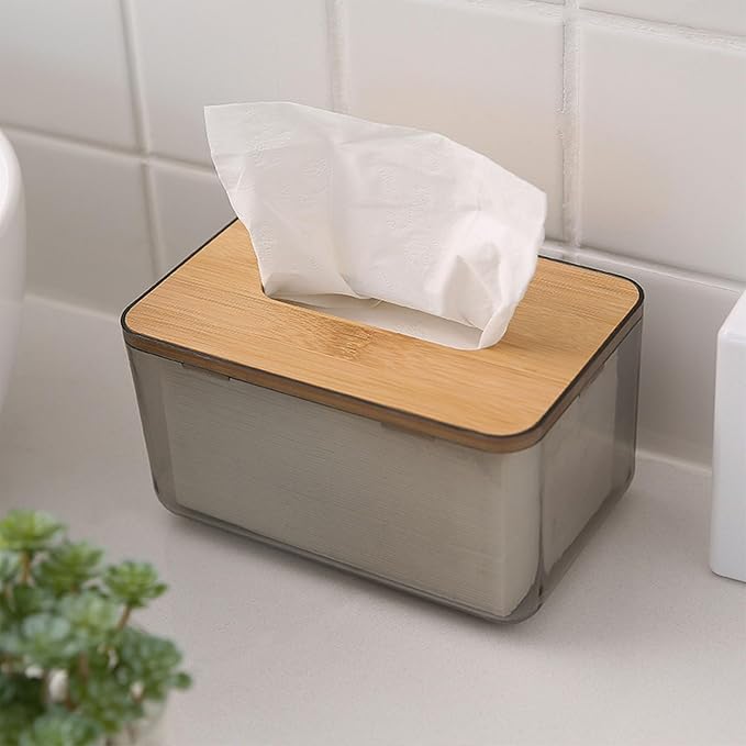 Multi Functional Acrylic Tissue Box, Clear PET and Wood Napkin Organizer Cube Holder, Easy Slide Out Cover, Square Tabletop Dispenser for Bathroom Laundry Room Office Desk