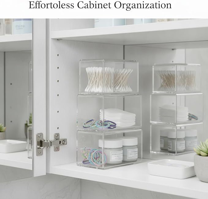 Clear PET Storage Canisters, Square Bathroom Vanity Organizers for Medicine Cabinet, Set of 4 (1 PC)