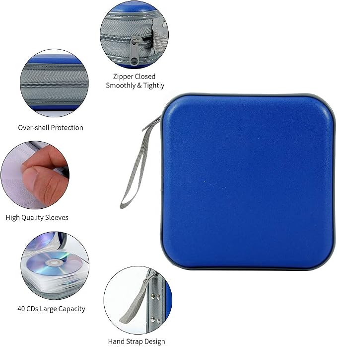 CD Case, 40 Capacity CD DVD Case Wallet Holder Portable Disc VCD Heavy Duty Binder Storage Organizer (Blue)