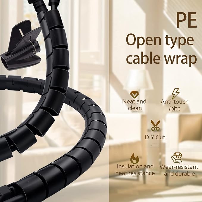 PC Cable Management Sleeve Tube Desk Cord Organizer 2 PCS Black, 7/8 inch -5 ft Cover Wrap Easy to Install Messy Wire Solution for TV Office Computer, Pet Chew and Bite Proof Cable Protector