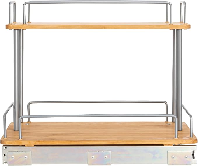 Household Essentials Bamboo and Silver Iron Two-Tier Slide-Out Organizer