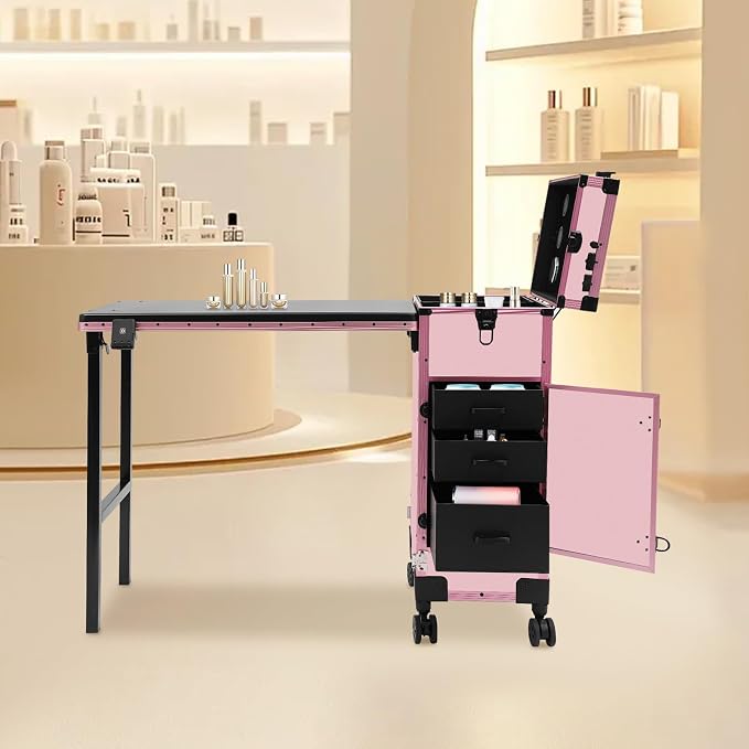Professional Cosmetic Trolley Storage Organizer, Foldable Nail Tables Travel Cosmetic Trolley Storage Organizer w/ 4 Drawers Mirror & Speaker for Hair Stylists Pet Groomers Makeup (Light Pink)