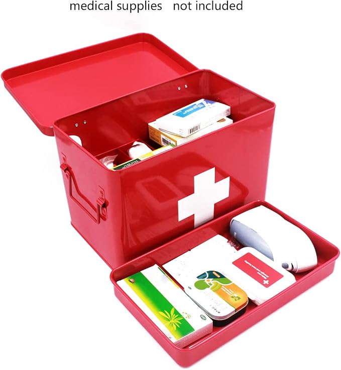 Funly mee Vintage First aid Box for Home, Medicine Tin, Red Metal Medicine Storage Box (Large 12.6× 8.3×7.7 inches)