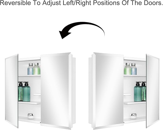 White Metal Double Door Medicine Cabinet 30 x 24 Beveled Mirror, Wall Mount | Double Door Metal Mirror Cabinet with Adjustable Staggered Shelves, Piano Hinge, Fully Assembled, Recessed / Surface Mounting