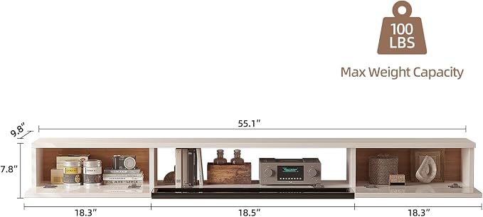 FurniNova 55 inch Floating TV Stand, Modern PET High Gloss Wall Mounted Media Console with Glass Door, Plywood Entertainment Center for 65 inch TV,White