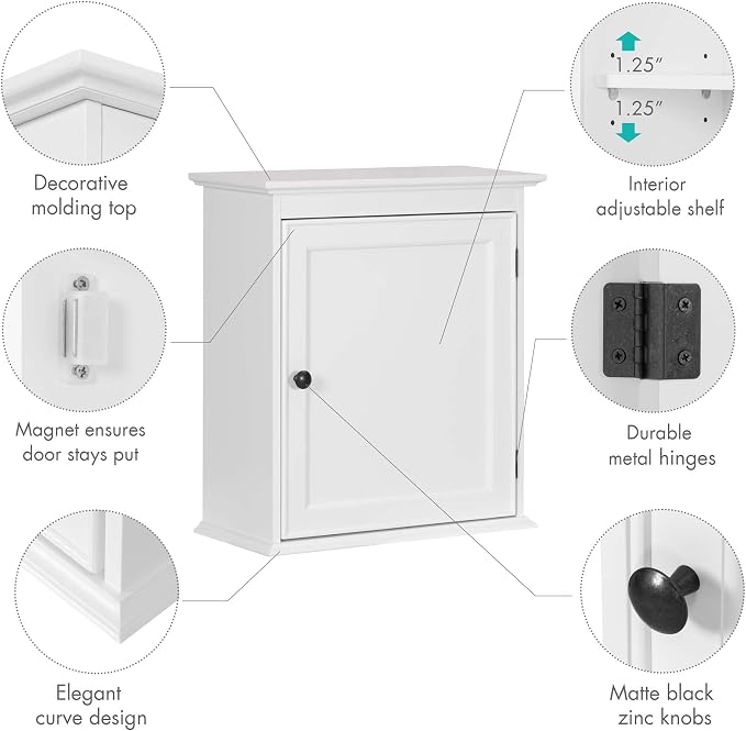 Spirich Small Medicine Cabinet, Bathroom Wall Cabinet Over Toilet, White | FSC-Certified MDF, Single Door, Adjustable Shelf, Compact Hidden Storage for Bathroom, Kitchen or Laundry