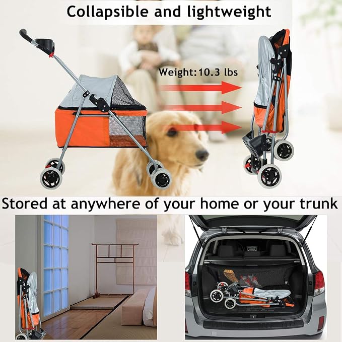 4 Wheels Pet Stroller Cat Dog Cage Stroller Protable Travel Folding Carrier Cart Waterproof Buggy Doggie Dog Stroller Jogger with Cup Holders for Small-Medium Dogs, Cat Orange