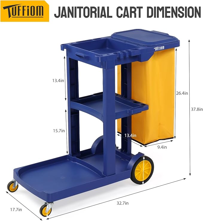 TUFFIOM Commercial Traditional Cleaning 3-Shelf Janitorial Cart, 500 Lbs Capacity Housekeeping Cart, Wheeled with Yellow VinylBag and Cover w Lid, Blue