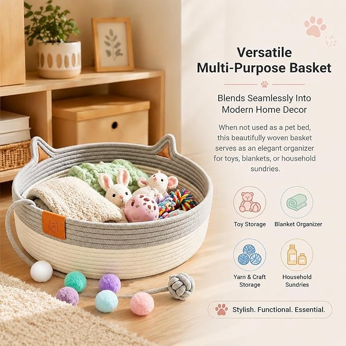 Instinct Basket for Cats,Cat Basket Bed with Cushion & Hanging Ball Toy,Handwoven Cotton Rope Cat Basket (Gray+Mat+Pillow,L(up to 27Lb))