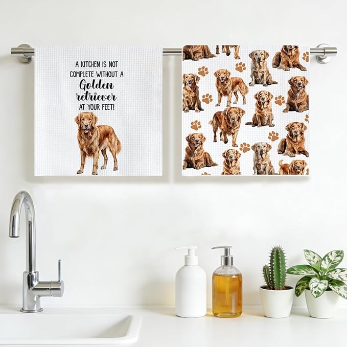 Golden Retriever Waffle Weave Kitchen Towels, Quick Dry Multipurpose Hand Towels for Bathroom, Absorbent Reusable Cloth Tea Dish Towels for Home Decor, Dog Lover Gift Towel Set of 2