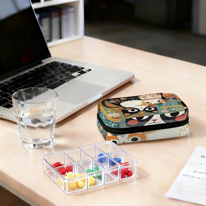 Weekly Pill Organizer Travel Size Bag with Removable 7 Day Pill Box Portable Vitamin Case Purse with Zipper,Two Cats Floral Decoration