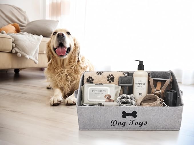Geyecete dog toy basket Large dog toy bin dog toy box storage box - Foldable Fabric Trapezoid Organizer Boxes with Handle, Collapsible Basket for Dog Toys (Striped Gray-DOG)