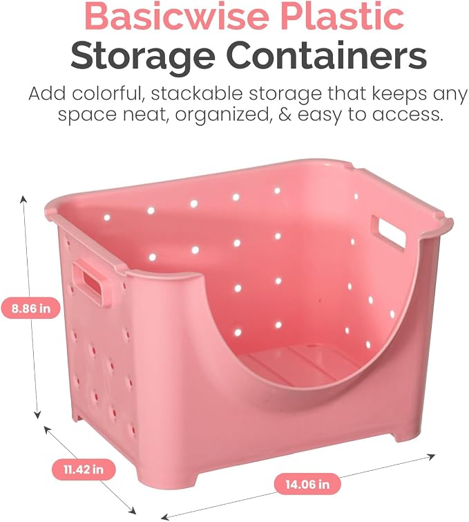 Basicwise Stackable Plastic Storage Container Stacking Bins, Pink (QI003215P)