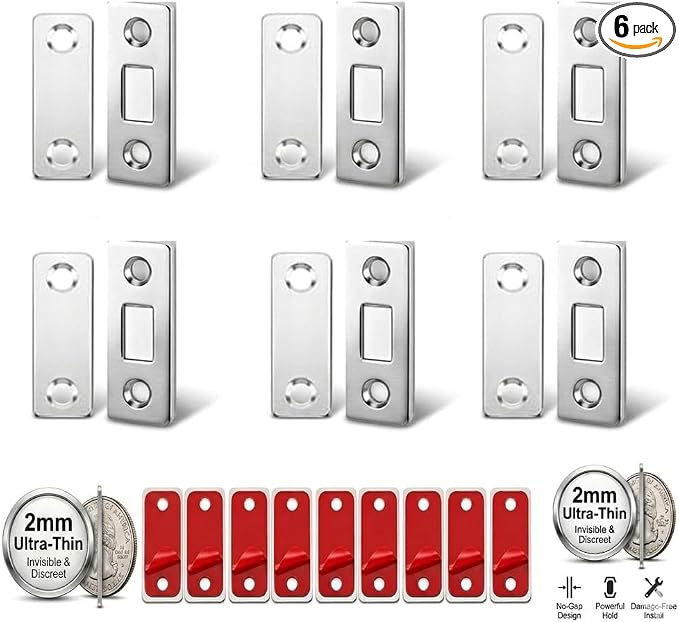 6 Pack Heavy Duty Cabinet Magnets - Ultra Thin Stick On Magnetic Door Catch, No Drill Stainless Steel Latch for Kitchen Drawer & Closet