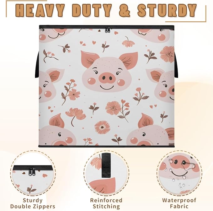 Floral Pig Large Storage Bags, Fabric Bed Storage Containers, Foldable Closet Organizers for Blanket, Clothing, Comforter, Bedding, Cute Pig