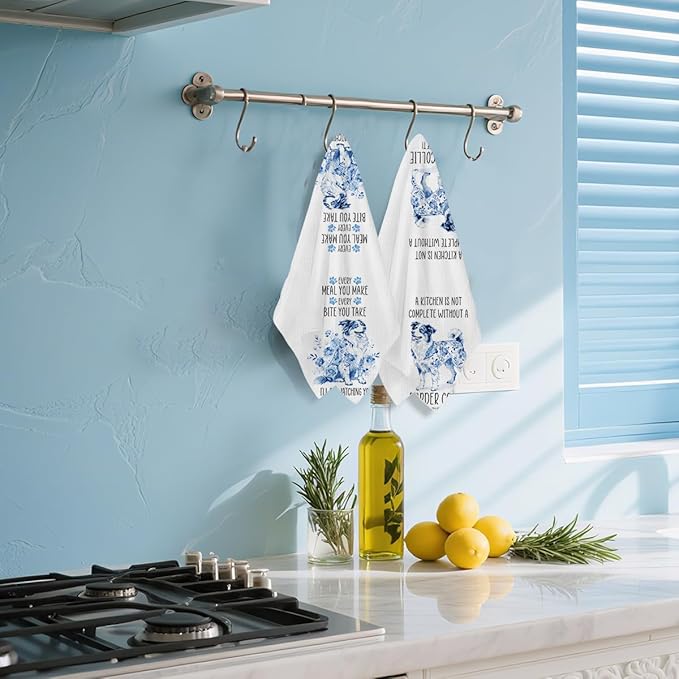 2 Pcs Chinoiserie Border Collie Kitchen Towels 24x14 Inch, Border Collie Gifts Reusable Dish Towels for Kitchen Decor, Blue and White Floral Waffle Weave Hand Towel, Funny Dog Gifts for Women Mom