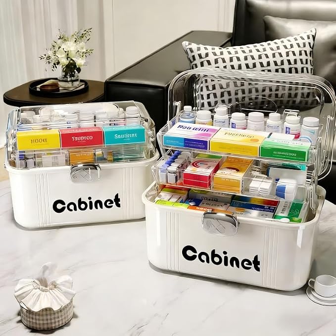 Family First Aid Medical Box - Large Capacity 3-Layer Portable Medicine Cabinet with Clear Organizer Trays, BPA-Free Plastic Storage Case for Home, Travel, Emergency Supplies (White)