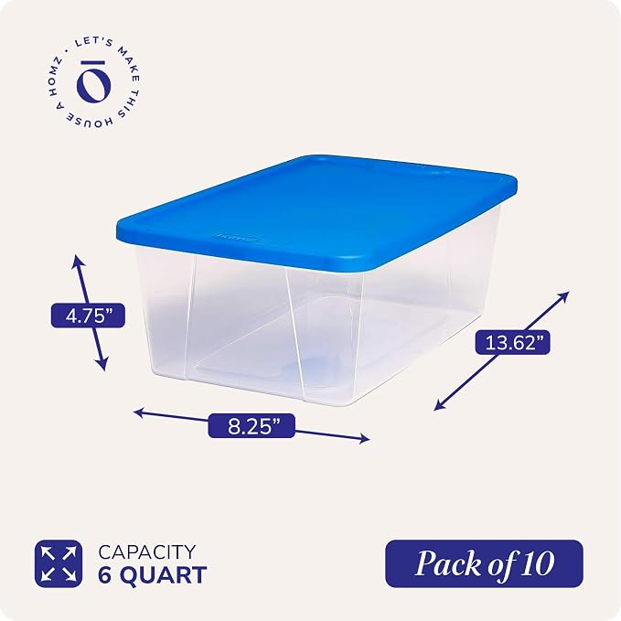 HOMZ 10-Pack Snaplock, Small Clear Plastic Storage Organizer Bins w/Lids, 6 Quart, Blue - Stackable Container Boxes for Bedroom, Bathroom, Garage, and Office Organization