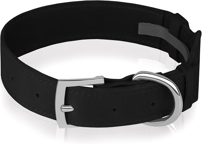 Leather Dog Collar with Airtag Holder - Apple Air Tag Dog Collars - Soft Tracking GPS Pet Collar for Small Medium Large Dogs Breed Puppy (Black, XL, 19"-24" Neck Fit)