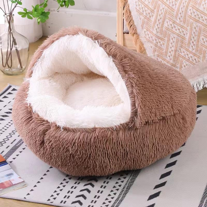 Cat Bed Round Fluffy Hooded Cat Bed Cave, Anti-Anxiety Cave Bed with Hooded Blanket, Cozy Cuddler Luxury Puppy Pet Bed, Anti-Slip Bottom and Machine Washable (Brown, Medium)