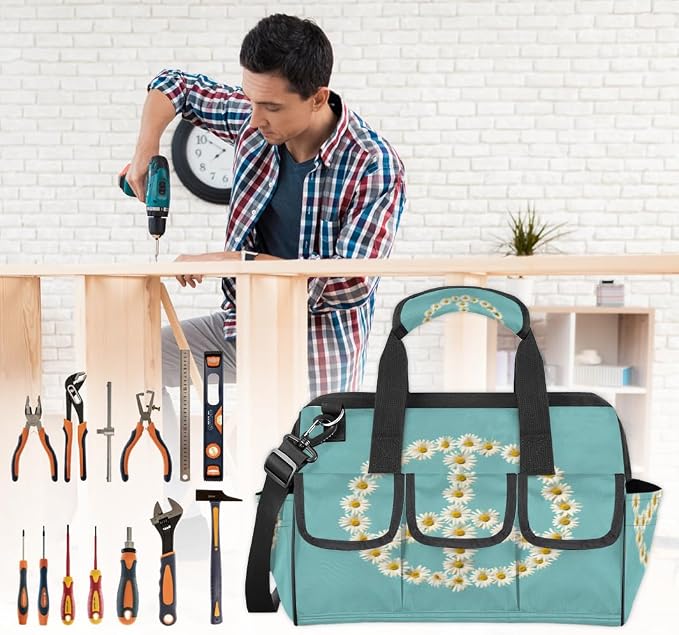 Floral Peace Sign Heavy Duty Tool Bag 14.8 Inch Daisy Portable Soft Tool Box Organizer Storage with Adjustable Shoulder Strap