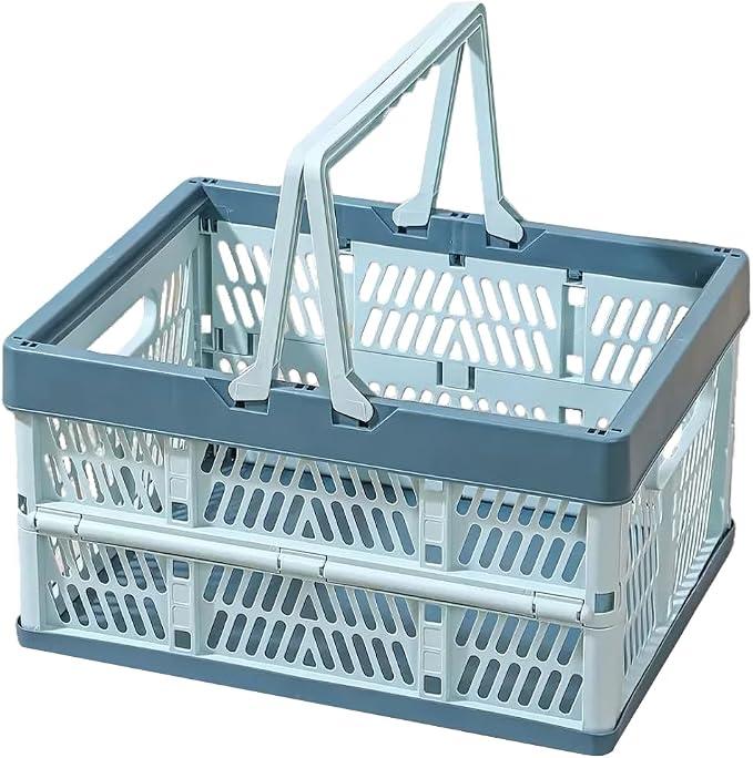 Collapsible Storage Crate with Handles, 20L Foldable Plastic Basket, Organizer Container (Light blue, M)