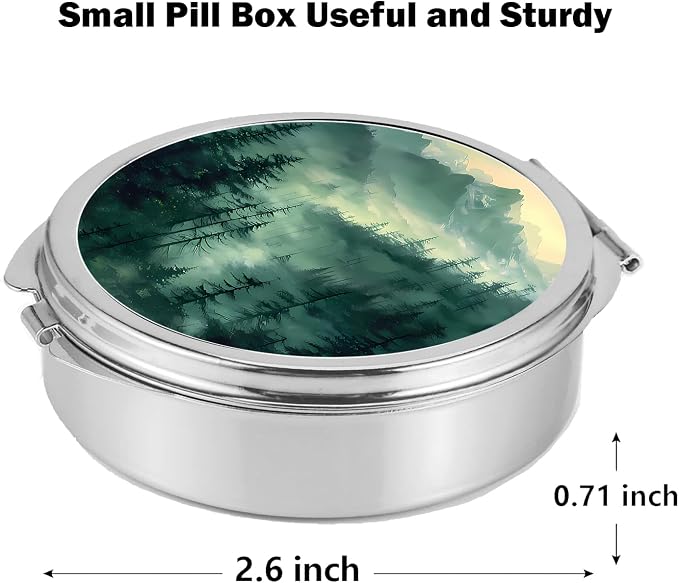 Small Pill Box 3 Detachable Compartments Pill Case with Mirror 2.4inches Pocket Round Medicine Organizer, Mini Portable Pill Organizer for Pocket Purse& Travel Convenience-Forest Mountains