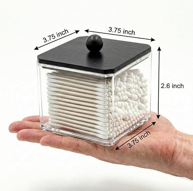 SheeChung 2 Pack Square Acrylic Qtip Holder with Black Wood Lid | Qtip Holder for Bathroom - Clear Apothecary Jar for Cotton Balls, Pads, Flossers, Farmhouse Bathroom Vanity Organizer