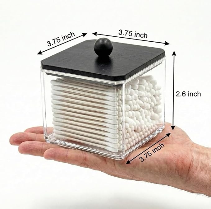 SheeChung 1 Pack Square Acrylic Qtip Holder with Black Wood Lid | Qtip Holder for Bathroom - Clear Apothecary Jar for Cotton Balls, Pads, Flossers, Farmhouse Bathroom Vanity Organizer