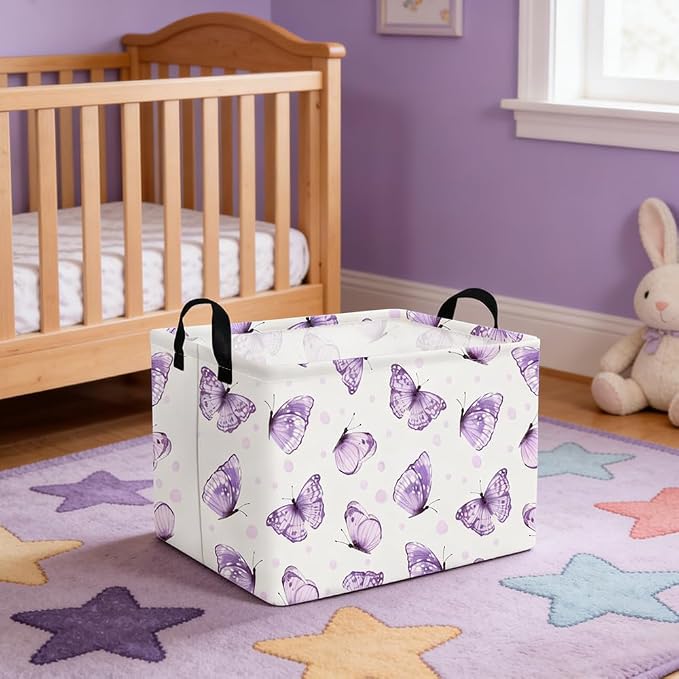Rectangular Purple butterfly basket,Books Storage Basket,Collapsible Storage Bin,Cute Organizer Toy Bin,Butterfly Room Decor,Gift Baskets(Little purple butterfly)